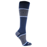 Blue knee-high compression sock with patterned design on a white background