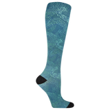 Teal knee-high compression sock with black toe and heel on a white background