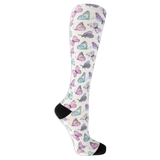Dr. Scholl's women's white compression socks featuring an butterfly pattern and black accents on the heel and toe.