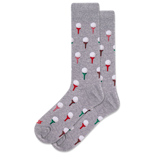 Gray socks with golf tee and ball pattern on a white background