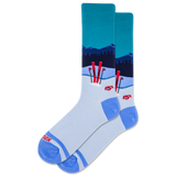 Men's blue socks featuring a snowy landscape and red skiis. thumbnail
