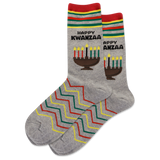 Gray socks with 'Happy Kwanzaa' text and candles design on a white background