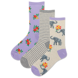 Three pairs of socks with elephant and floral patterns on a white background thumbnail