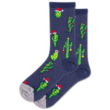 Navy blue socks with green cactus designs and red Santa hats on a white background