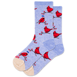 Light blue socks with red cardinal bird pattern on a white background