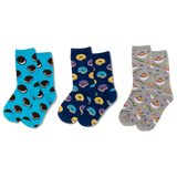 Three pairs of socks with different food patterns on a white background thumbnail
