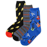 Three pairs of socks with different patterns on a white background