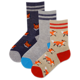 Three pairs of socks with fox patterns on a white background