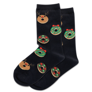 Black socks with reindeer and donut patterns on a white background
