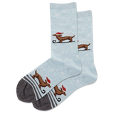 Light blue socks with dachshund dog illustrations on a white background thumbnail