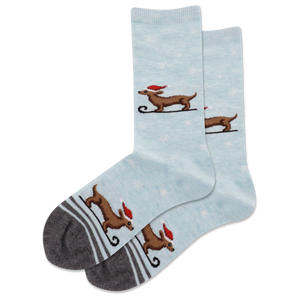 Light blue socks with dachshund dog illustrations on a white background