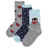 Set of three socks with different designs on a white background