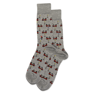 Gray socks with golf cart and club pattern on a white background