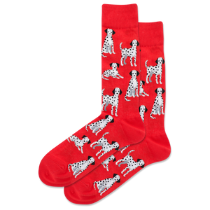 Red socks with Dalmatian dog pattern on a white background