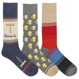 Three pairs of novelty crew socks displayed side by side on a plain white background. The left sock is navy blue with a beige section featuring a corkscrew graphic, the text 'Screw it', and a small bone detail. thumbnail