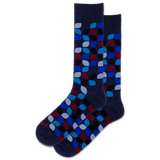 Pair of dark blue socks with colorful geometric pattern on a white background