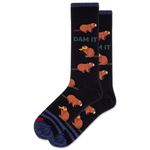 Socks with beaver design and 'Dam It' text on a white background