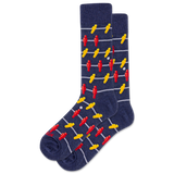 Navy blue socks with red and yellow pattern on a white background thumbnail