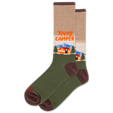 Socks with 'Happy Camper' design featuring a camper van and trees on a white background.