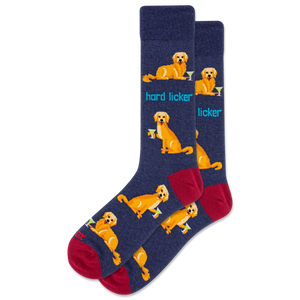 Navy socks with yellow dog illustrations and red toes on a white background