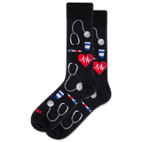 Black socks with medical-themed designs on a white background