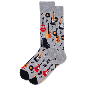 Gray socks with musical instrument pattern on a white background