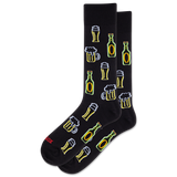 Black socks with beer bottle and mug patterns on a white background