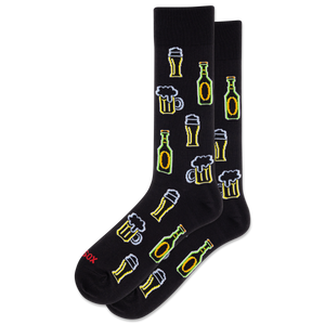 Black socks with beer bottle and mug patterns on a white background