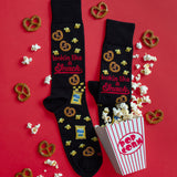 HOTSOX men's novelty crew socks in black with popcorn, pretzels and the words, "Lookin' like a snack' thumbnail