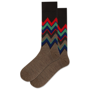 Brown socks with colorful zigzag pattern on a white background