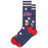 Blue socks with red accents and baseball-themed graphics on a white background