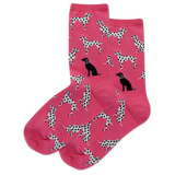 Pink socks with black and white dog pattern on a white background