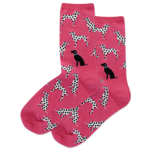 Pink socks with black and white dog pattern on a white background