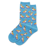 Blue socks with corgi dogs on skateboards pattern on a white background