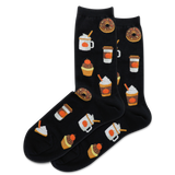 Black socks with colorful coffee and dessert designs on a white background