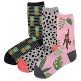 Three pairs of socks with pineapple, leopard print, and monkey designs on a white background thumbnail
