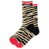 Zebra pattern sock with red accents on a white background