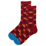 Red socks with orange and black floral pattern on a white background thumbnail