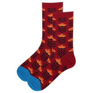 Red socks with orange and black floral pattern on a white background