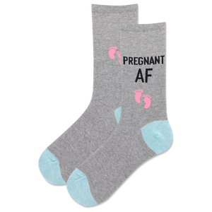 Gray sock with 'Pregnant AF' text and footprints on a white background