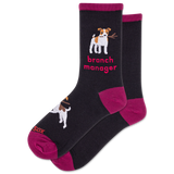 Black socks with a dog illustration and 'branch manager' text on a white background