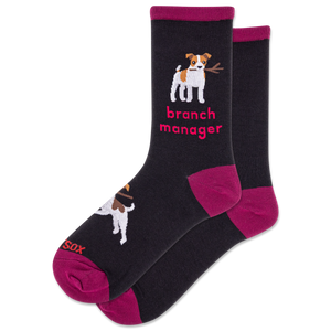 Black socks with a dog illustration and 'branch manager' text on a white background