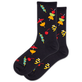 Black socks with colorful cocktail umbrella and cherry design on a white background thumbnail