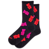 Black socks with red and pink gummy bear designs on a white background