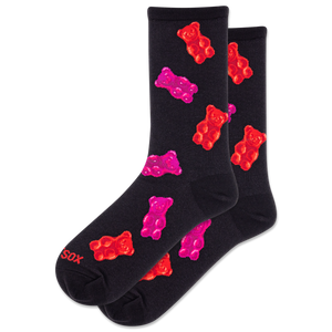 Black socks with red and pink gummy bear designs on a white background
