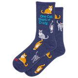 HOTSOX women's navy socks featuring gray and orange cats and the phrase 'once cat short of crazy.' thumbnail