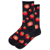 Black socks with red tomato pattern on a white background