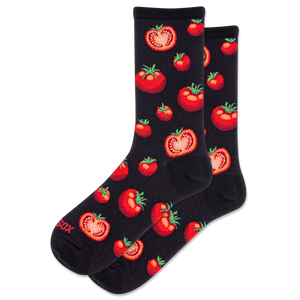 Black socks with red tomato pattern on a white background