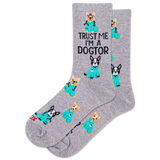 Gray socks with cartoon dog illustrations and text 'Trust Me I'm a Dogtor' on a white background thumbnail
