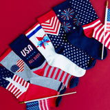 Various Americana-themed women's HOTSOX crew socks.